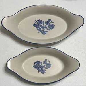 Pfaltzgraff Yorktowne VTG USA Au Gratin Baking Dishes Blue Floral Stoneware 2